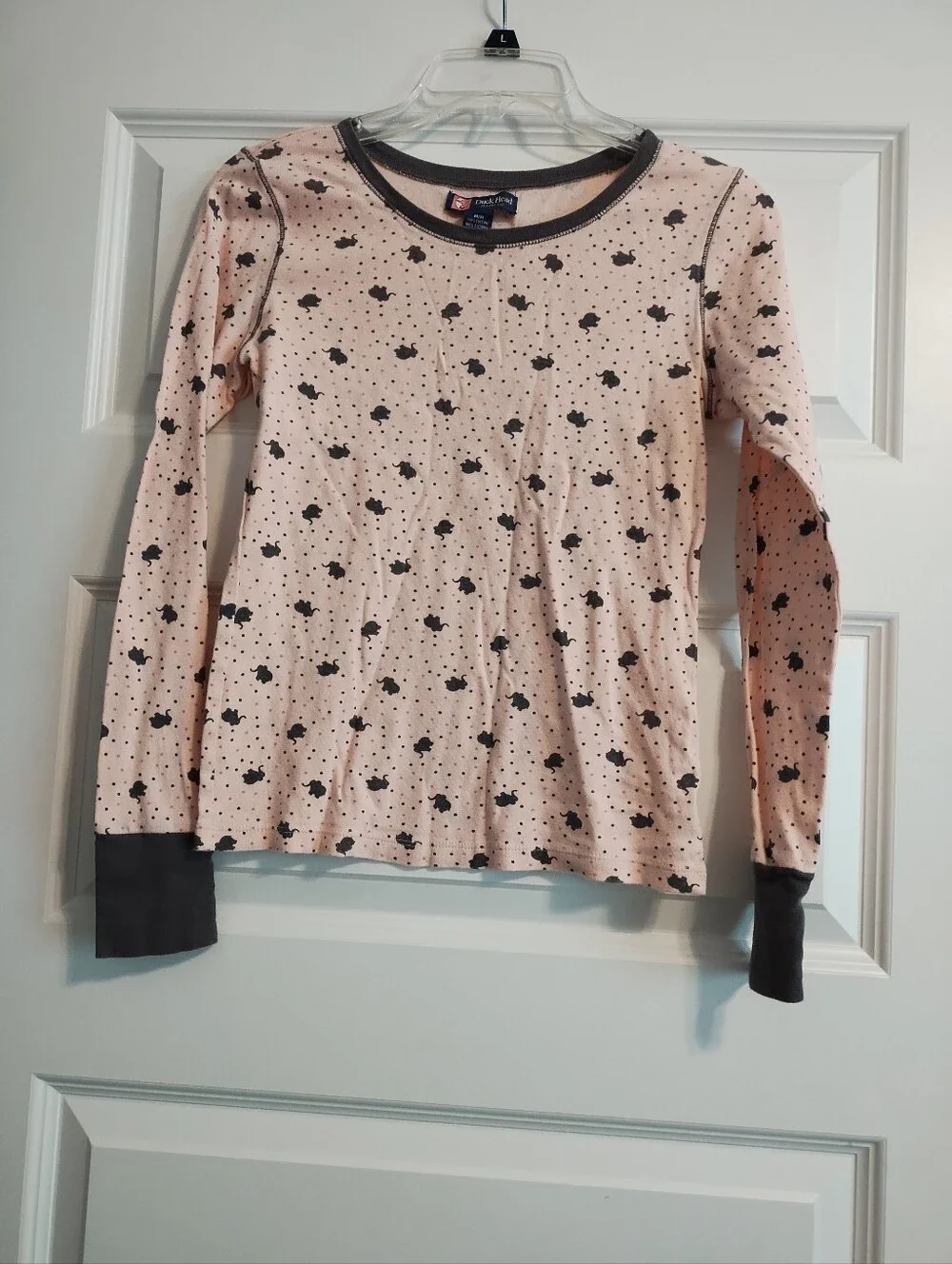 Vintage Pink Long Sleeve Sleep Tee with Brown Elephant Print